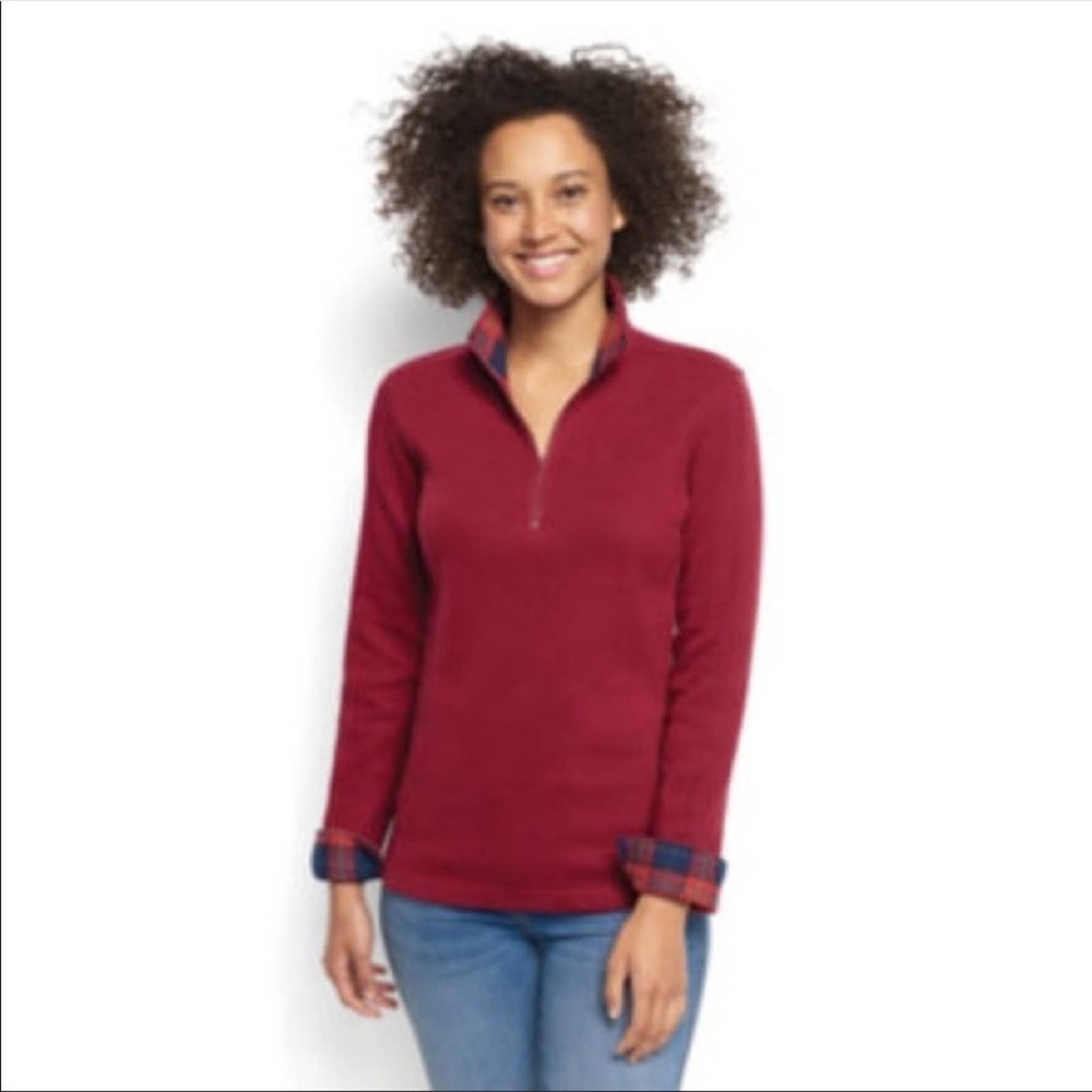Orvis 1/4 Zip Women’s Pullover Shirt With Plaid Cuffs Size Medium